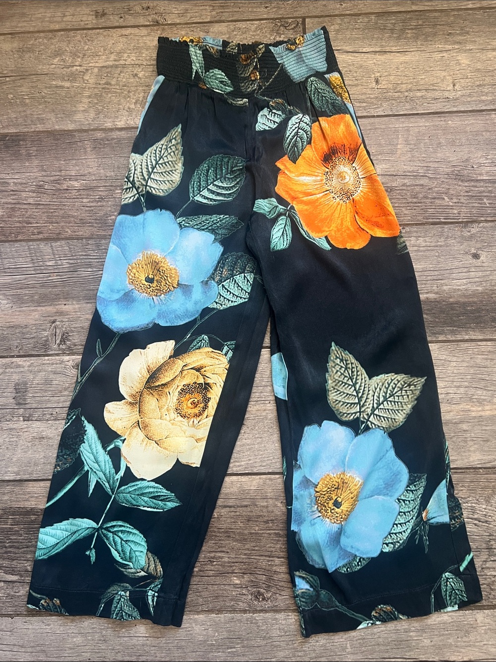 Maeve Black Wide-Leg Floral Pants with Blue, Orange & Cream Blooms